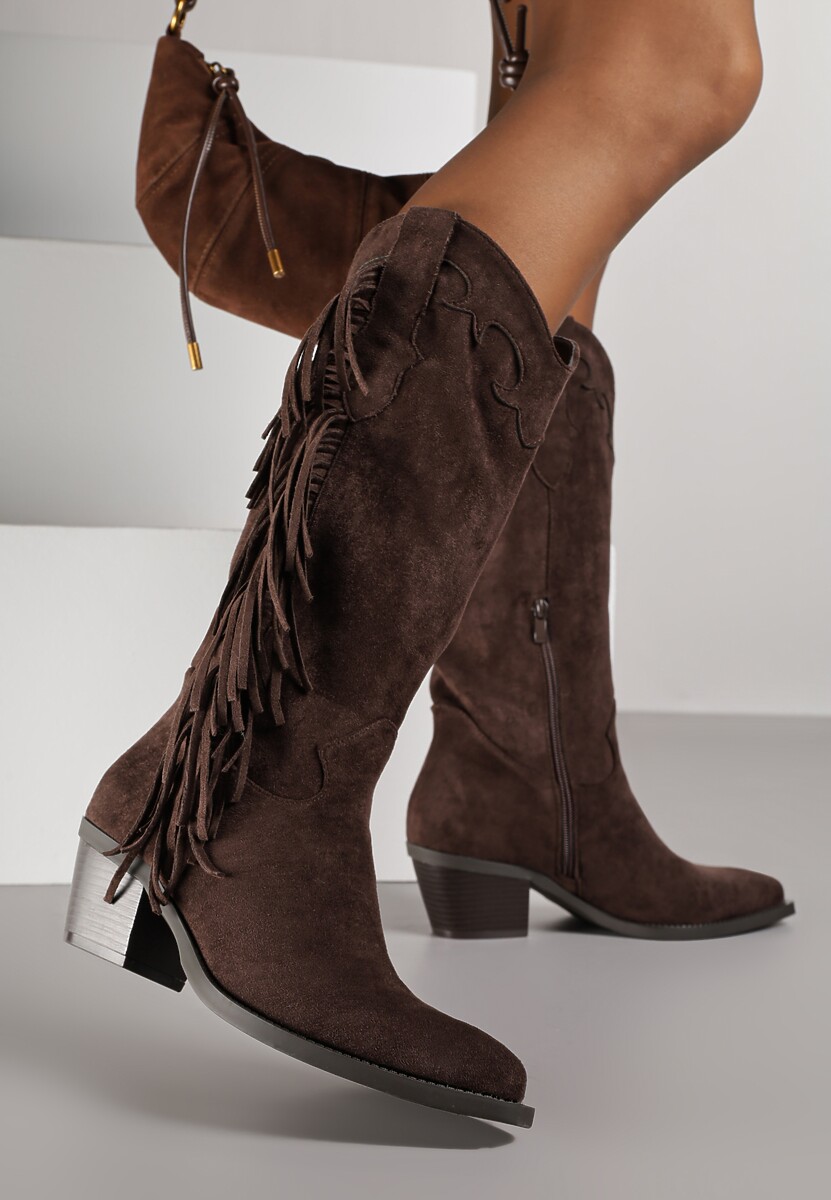 Ciemnobrązowe Kozaki Kowbojki na Stożku Ozdobione Frędzlami Reianeva