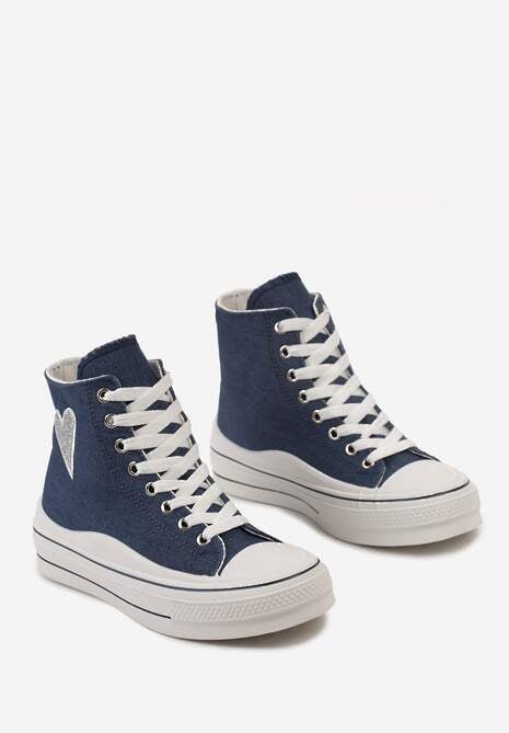 Niebieskie Trampki za Kostkę na Niskiej Platformie z Brokatową Ozdobą w Kształcie Serca Annexla