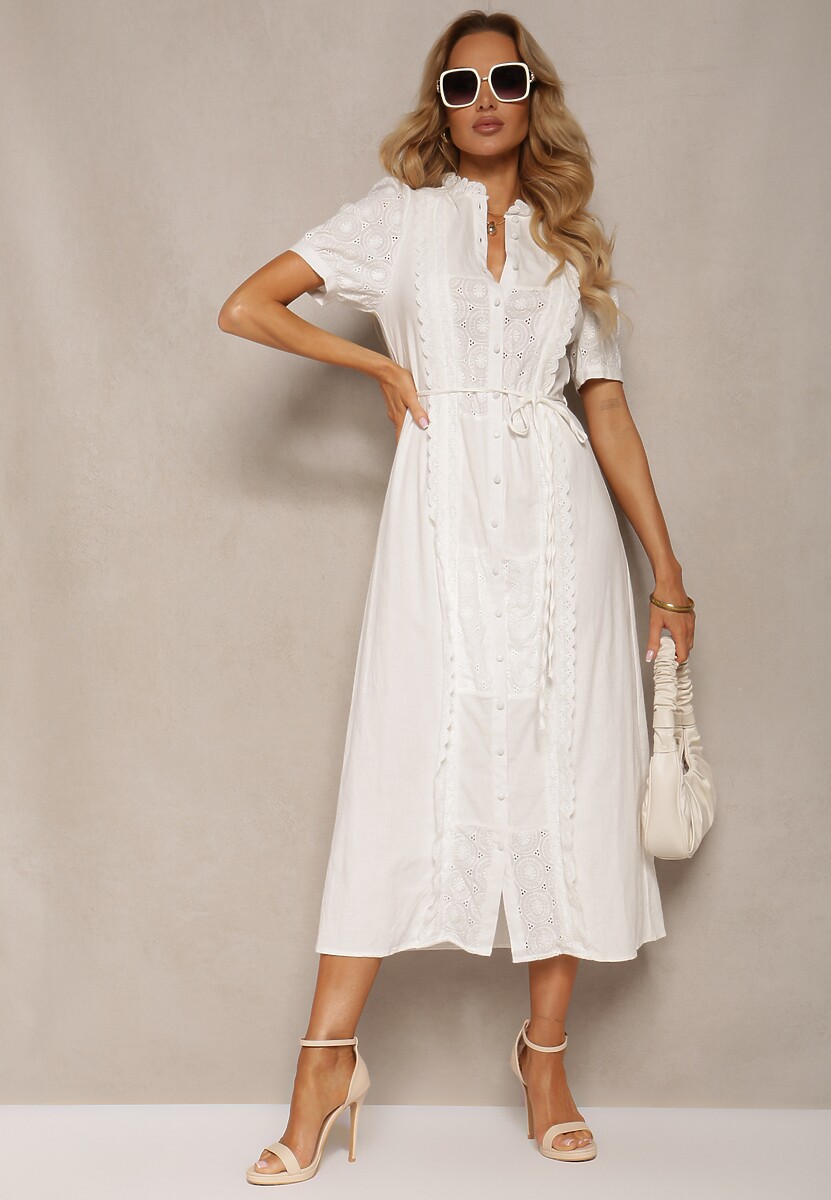 Biała Bawełniana Sukienka z Paskiem Ozdobiona Koronką Virona