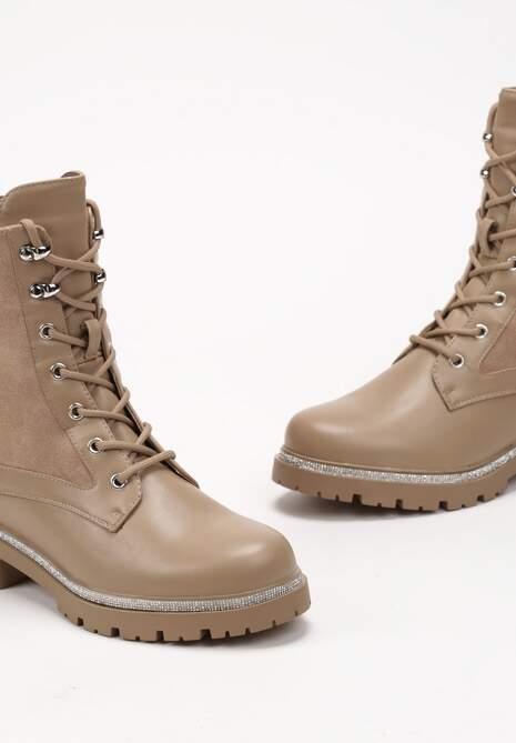 Ciemnobeżowe Sznurowane Botki Workery na Płaskiej Podeszwie Ozdobionej Cyrkoniami Musilia