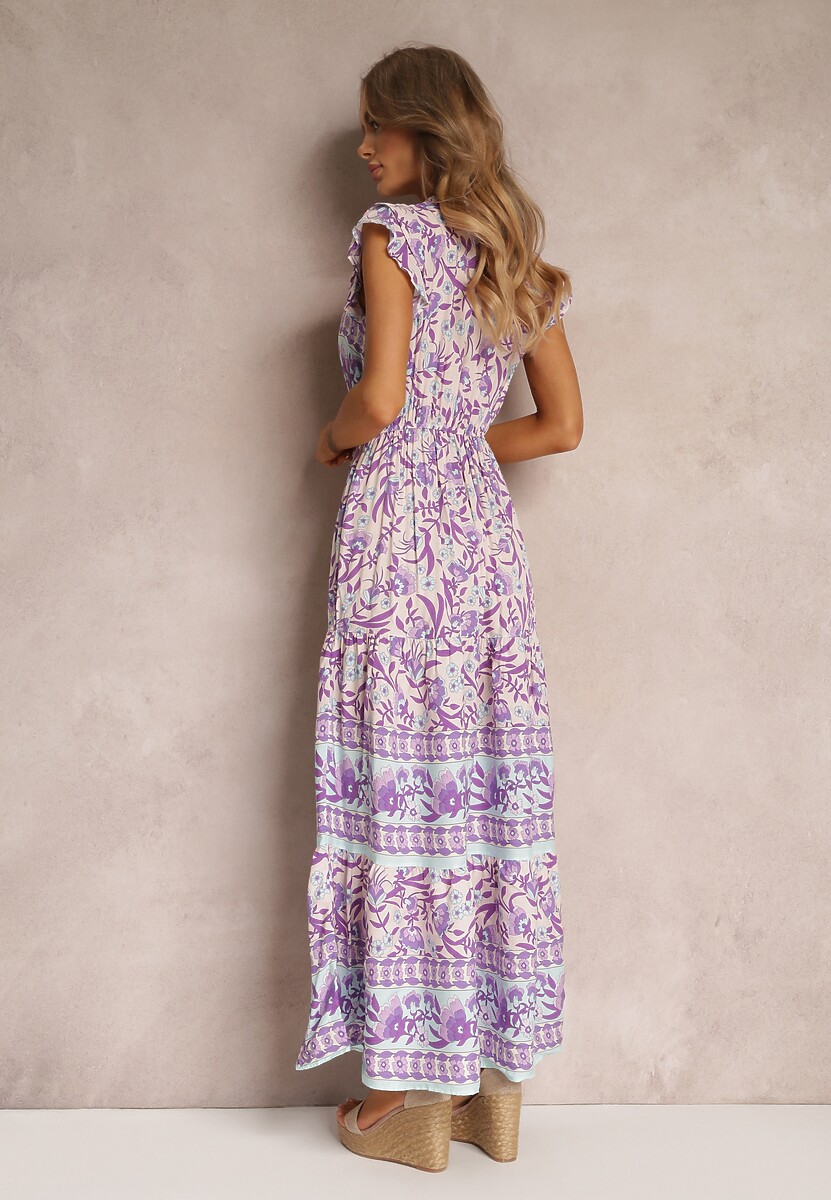 Fioletowa Sukienka w Kwiaty z Gumką w Pasie i Krótkim Rękawem Sadi