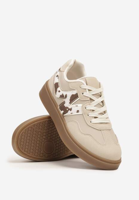 Beżowe Sneakersy Ozdobione Geometrycznym Motywem w Krowie Łaty Benike