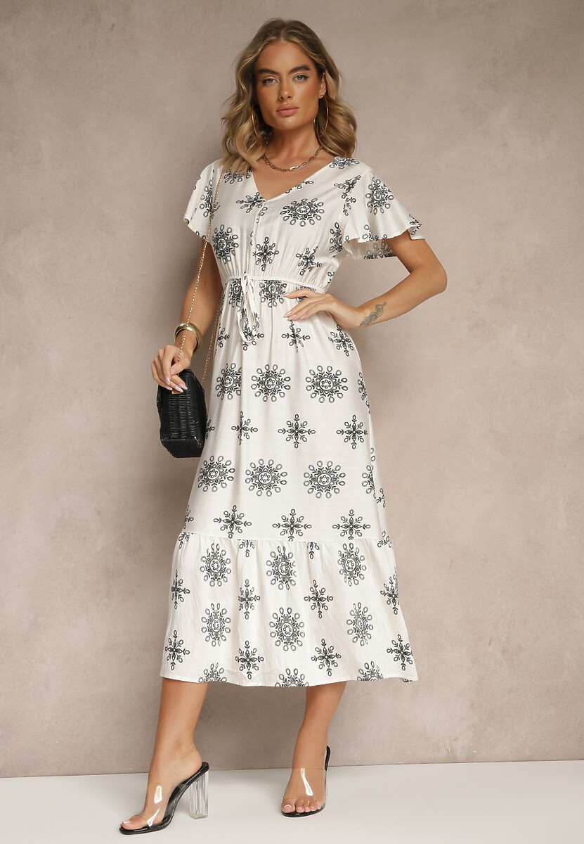 Biało-Czarna Sukienka z Wiskozy Ozdobiona Falbanką i Kwiatami Lumacelle