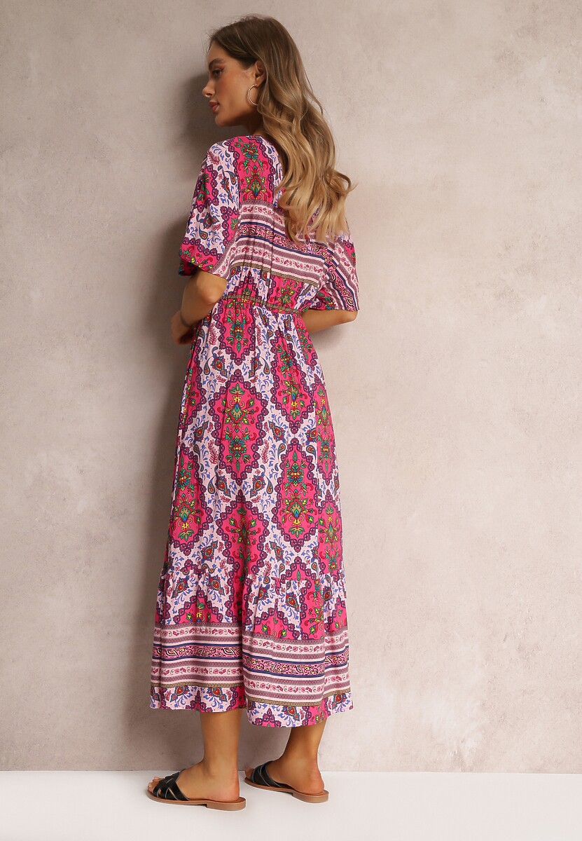 Fuksjowa Wiskozowa Sukienka Maxi z Gumką w Pasie i Falbanką Cophine