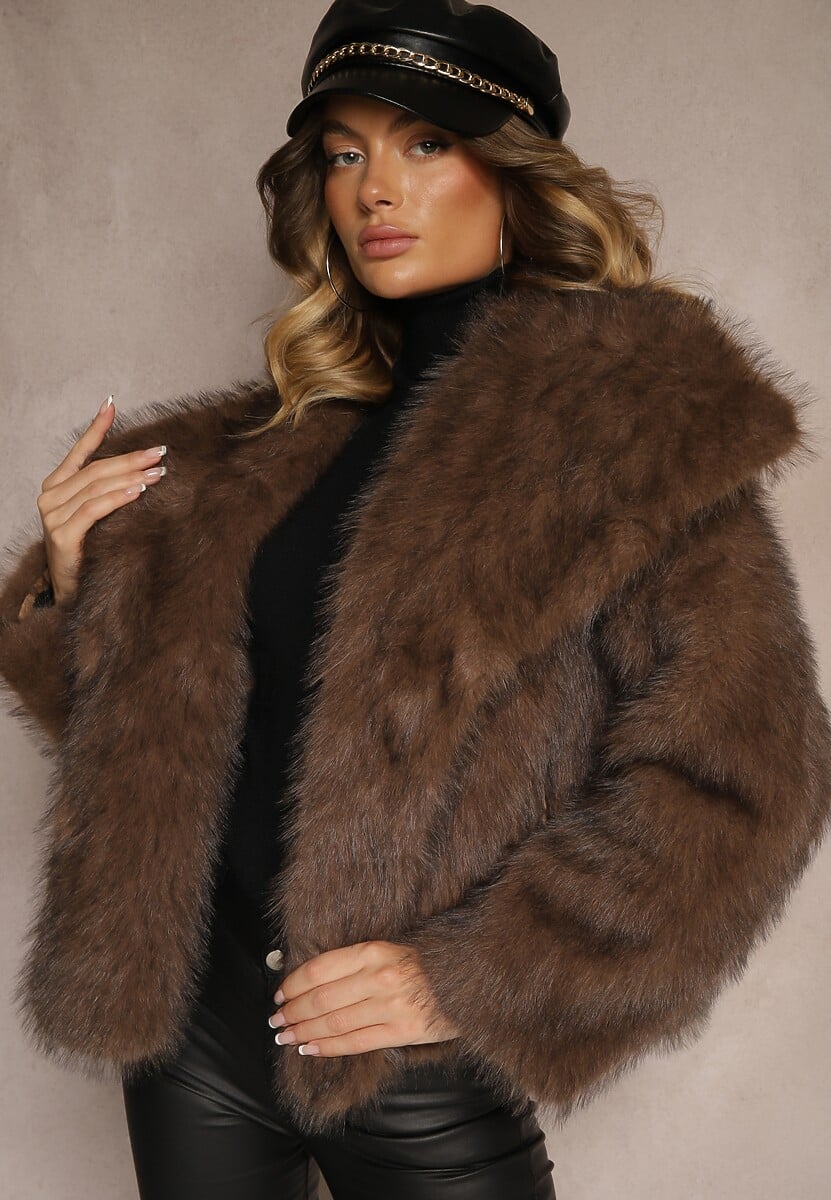 Brązowa Elegancka Kurtka Futerko z Kołnierzem Vertirida