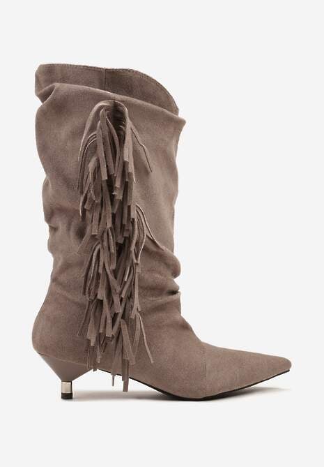 Beżowe Botki na Kaczuszce Ozdobione Frędzlami i Marszczoną Cholewką Latolea