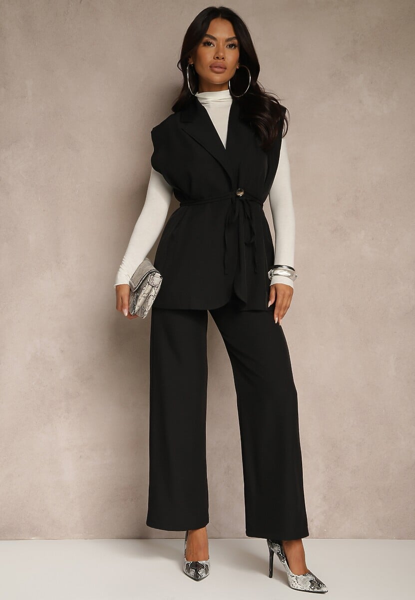 Brązowy Garniturowy Komplet Kamizelka z Wiązaniem i Spodnie o Szerokim Kroju Davielis