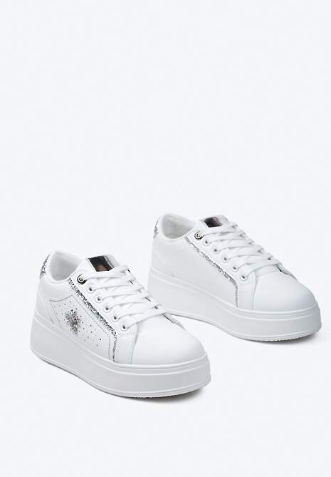 Białe Sneakersy na Platformie z Metaliczną Ozdobą w Kształcie Owada i Brokatem Lientia