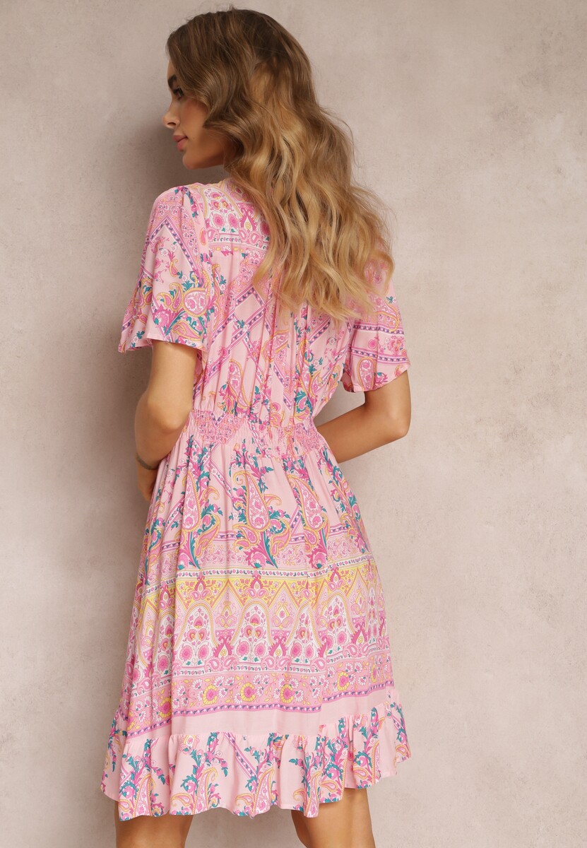 Różowa Wiskozowa Sukienka Mini z Gumkami w Talii i Falbanką na Dole Fraida