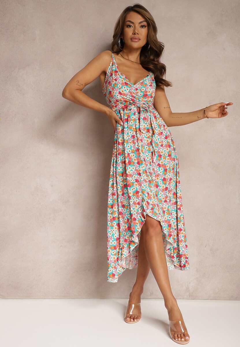 Zielono-Różowa Sukienka z Bawełny na Ramiączkach z Asymetrycznym Rozcięciem i Dekoltem w Serek Milloa