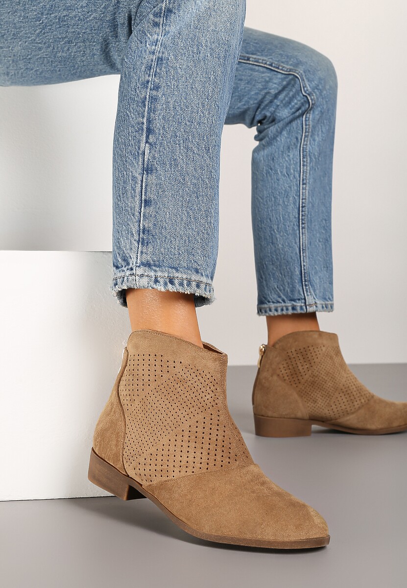 Jasnobeżowe Botki Vices z Ekozamszu z Ażurową Cholewką Selianae