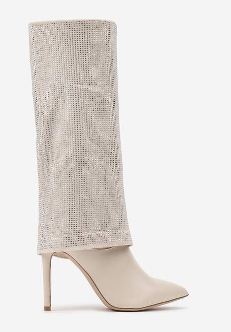 Beżowe Cyrkoniowe Kozaki na Obcasie Typu Szpilka z Cholewką Imitującą Nogawkę Valentila