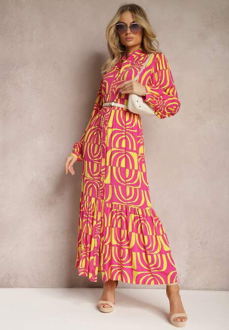 Różowo-Żółta Długa Sukienka Rozkloszowana w Geometryczne Wzory z Kołnierzykiem Skulle