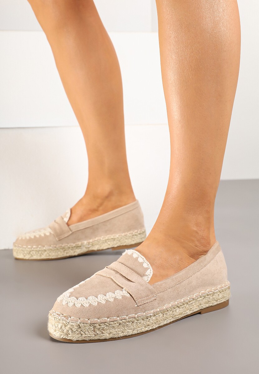 Ciemnobeżowe Espadryle z Haftem na Podeszwie z Plecionki Taslexia