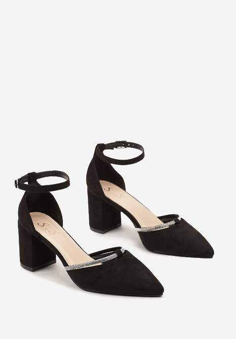 Czarne Czółenka z Imitacji Zamszu na Słupku z Błyszczącym Zdobieniem Vilename