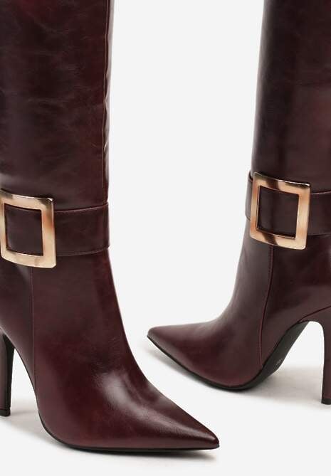 Bordowe Kozaki na Szpilce z Metaliczną Klamrą Evelinna