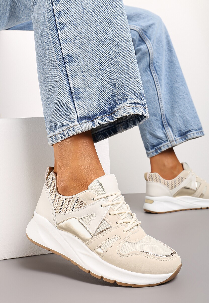 Beżowe Sneakersy z Siateczkowymi i Metalicznymi Zdobieniami Detama