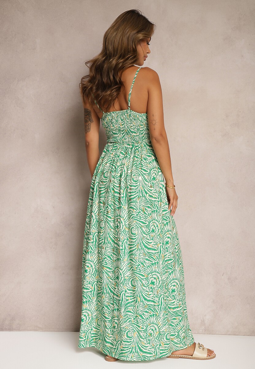 Zielona Sukienka z Bawełny Rozkloszowana na Cienkich Ramiączkach Risandras