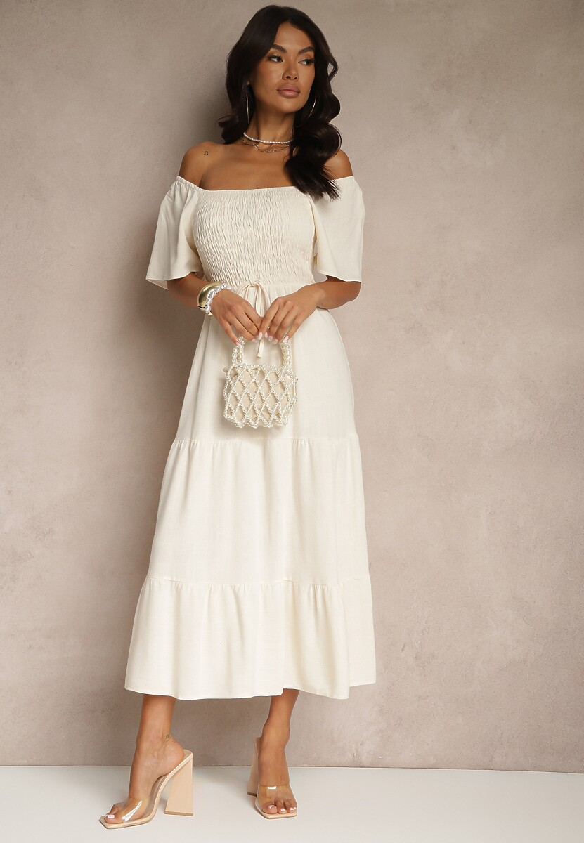 Jasnobeżowa Wiskozowa Sukienka z Lnem o Rozkloszowanym Kroju Koloreia