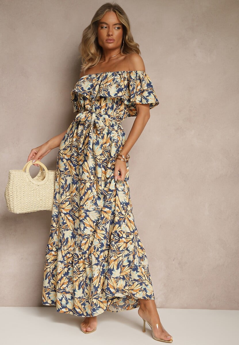 Granatowa Kwiatowa Sukienka Typu Hiszpanka z Bawełną Tiarice