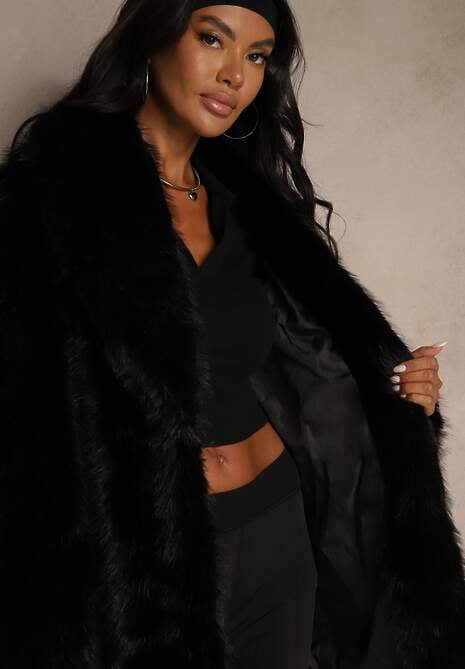 Czarna Klasyczna Kurtka Futerko z Wąskim Wiązanym Paskiem w Talii Casfitta