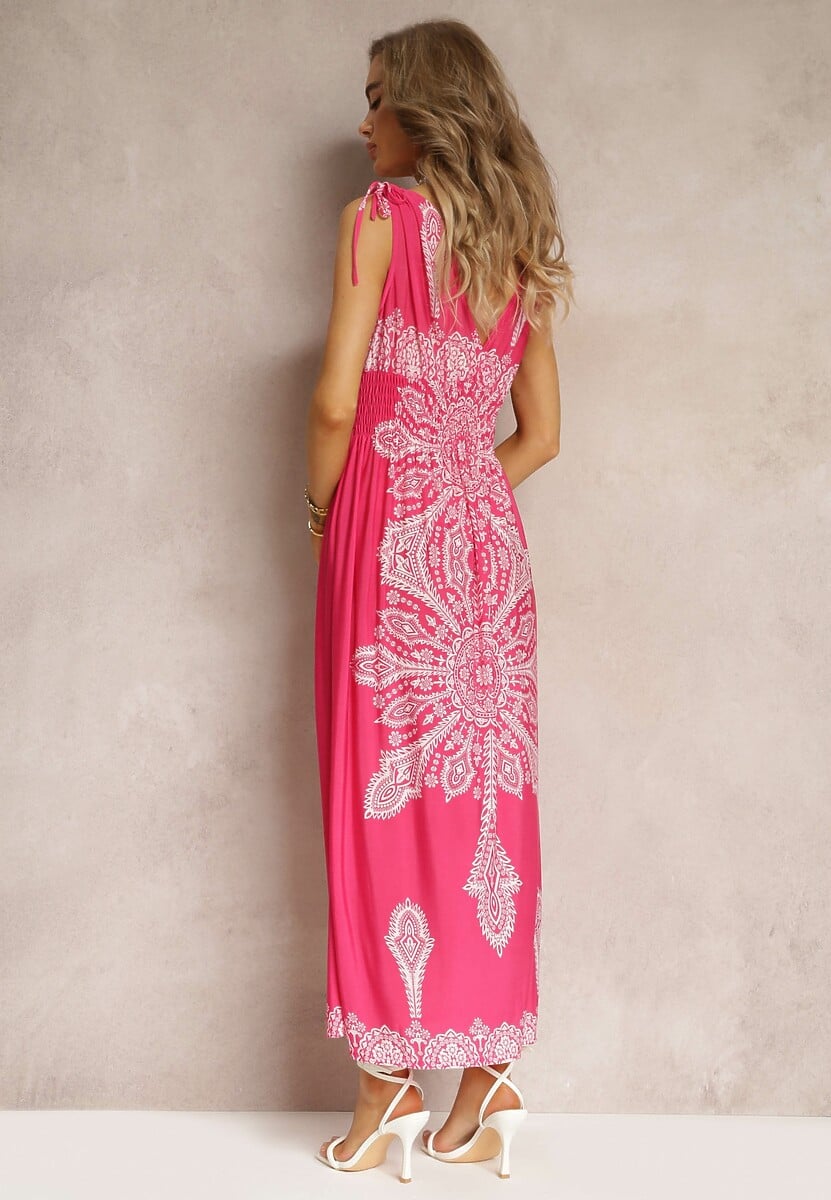 Fuksjowa Długa Sukienka z Wzorem Boho Sznurkami na Ramionach i Gumką w Pasie Hideni