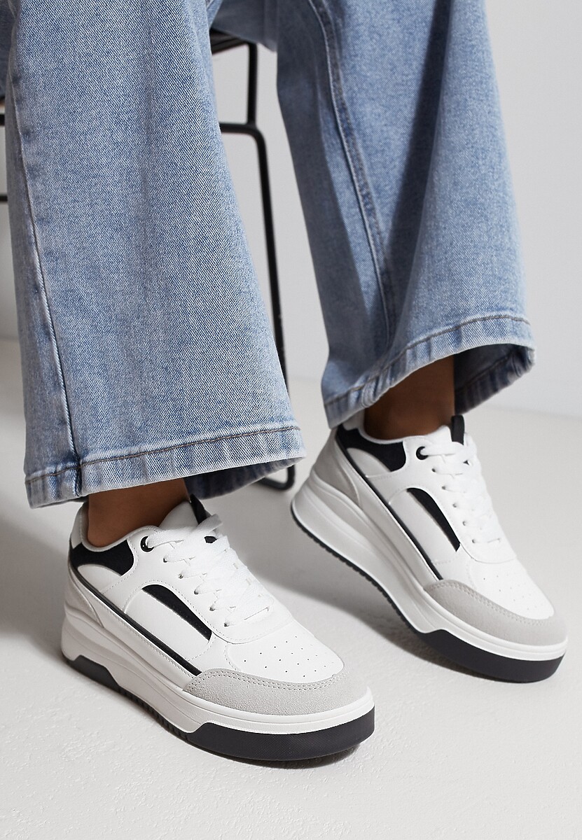 Biało-Czarne Wiązane Sneakersy na Grubej Podeszwie Maenrel