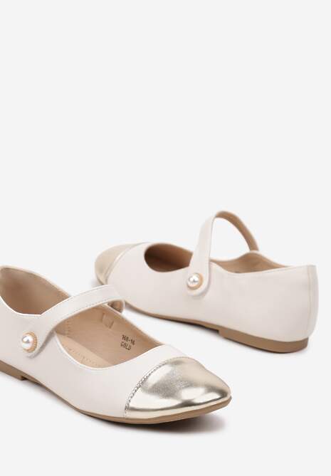 Złote Balerinki na Płaskiej Podeszwie z Lakierowanym Noskiem i Ozdobnym Paskiem na Rzep Saivea