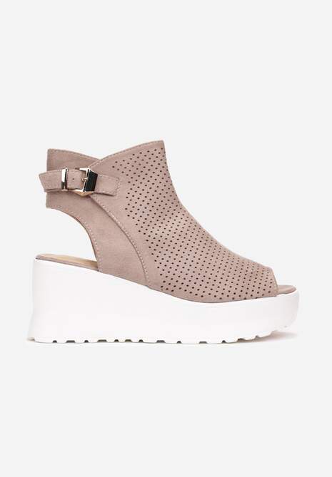 Ciemnobeżowe Ażurowe Sandały na Koturnie z Noskiem Peep Toe i Odkrytą Piętą Bhanios