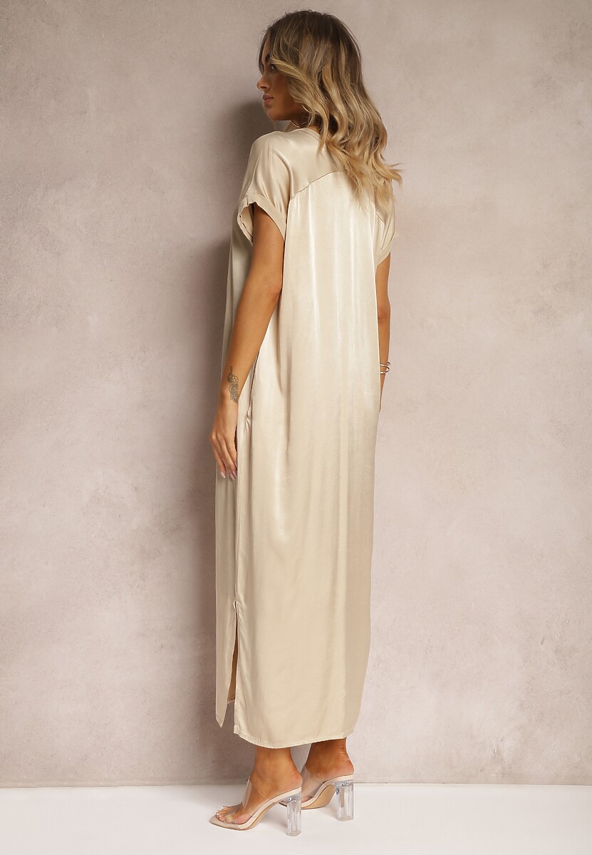 Beżowa Casualowa Sukienka z Wiskozy Oversize o Pudełkowym Kroju Morarose