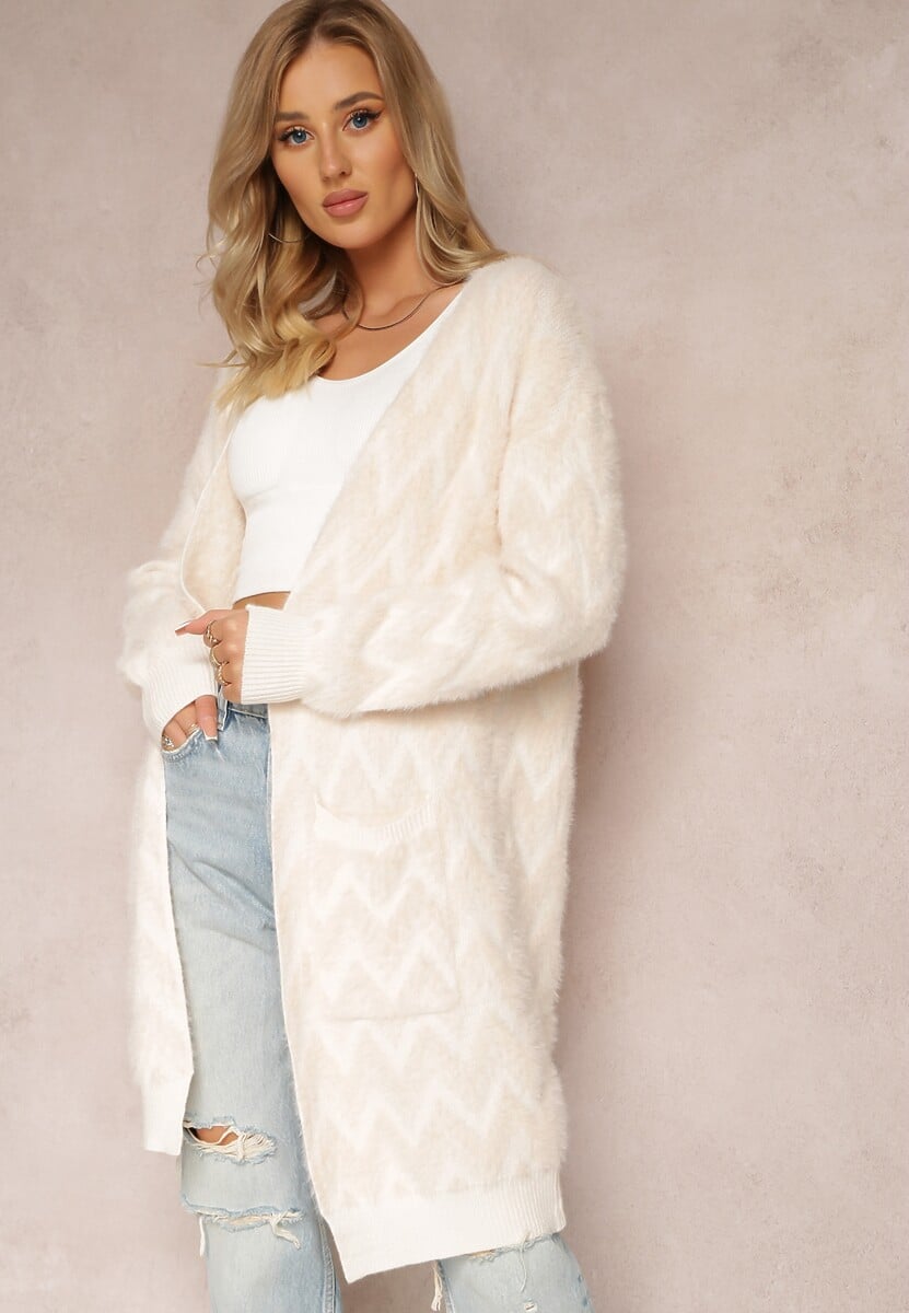 Jasnobeżowy Niezapinany Kardigan o Przedłużonym Fasonie w Zygzaki Chevron Oherna