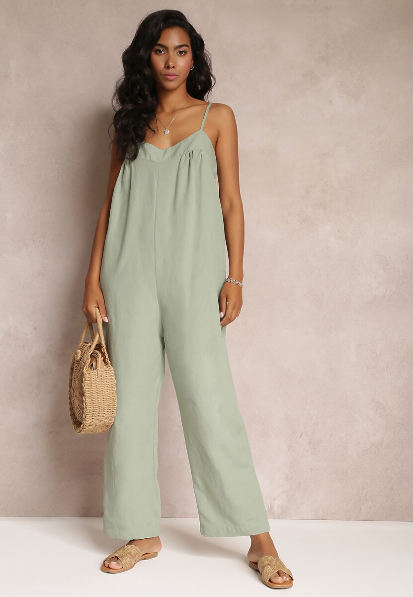 Zielony Kombinezon na Regulowanych Ramiączkach z Długimi Nogawkami z Bawełny Myrcela