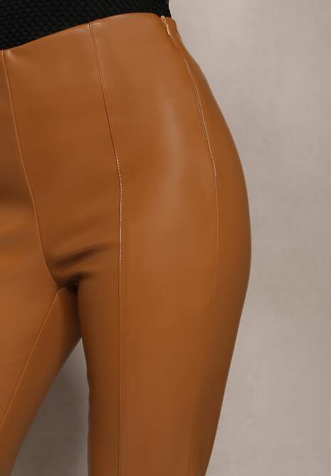 Beżowe Spodnie Dzwony z Imitacji Skóry Idenna