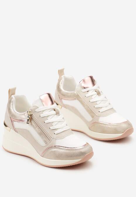 Beżowe Sneakersy Ozdobione Suwakiem i Metalowymi Aplikacjami na Koturnie Warranta