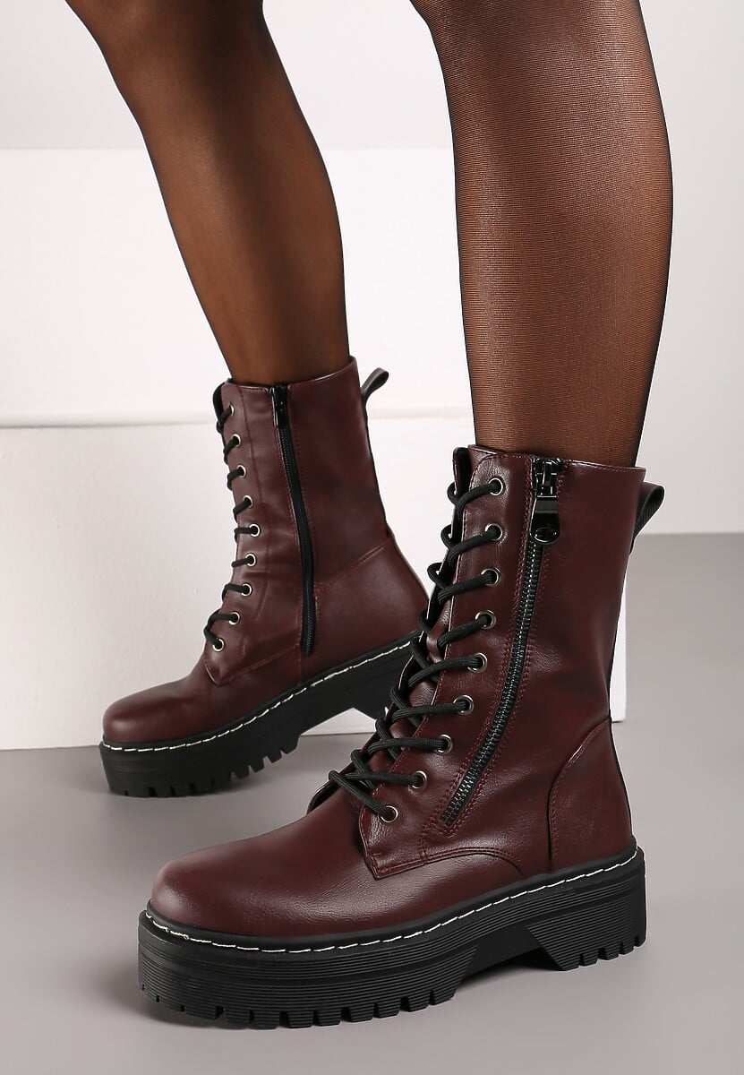 Bordowe Botki Workery na Grubej Podeszwie Ozdobione Dodatkowym Suwakiem Tiriary