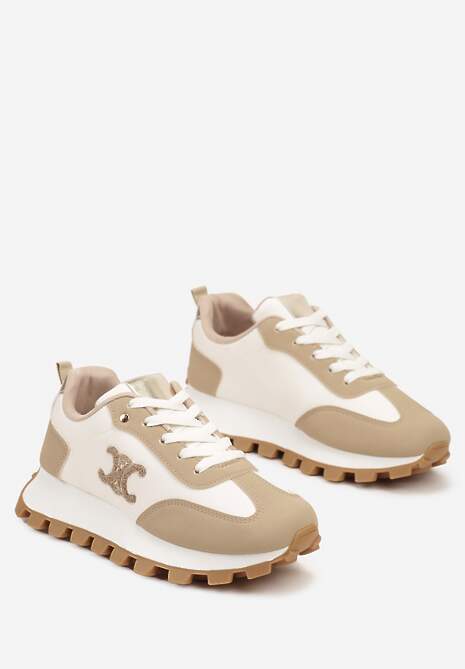 Ciemnobeżowe Sznurowane Sneakersy na Płaskiej Podeszwie Ozdobione Metalicznymi Aplikacjami Zetissa