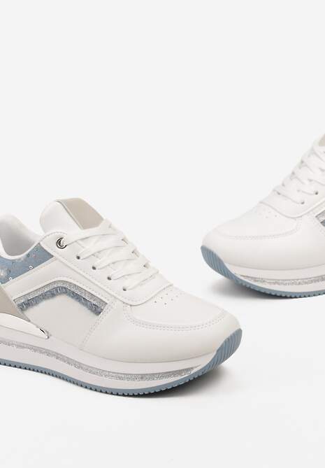 Biało-Niebieskie Sznurowane Sneakersy na Grubej Podeszwie z Cekinami i Brokatem Zallie