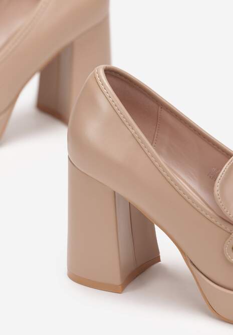 Ciemnobeżowe Czółenka na Słupku z Kwadratowym Noskiem i Ozdobą Fanella