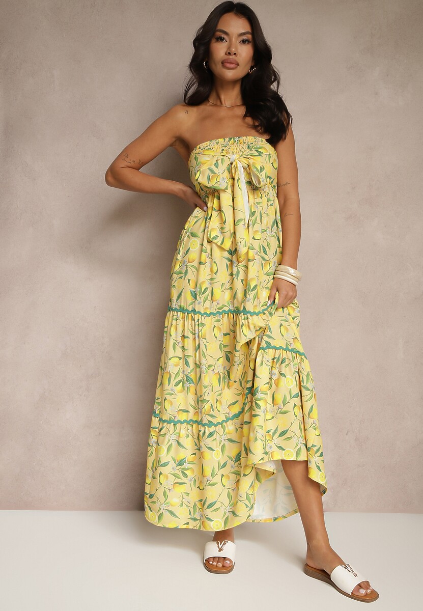 Żółta Sukienka Ozdobiona Kokardą i Motywem Cytryn Galionea