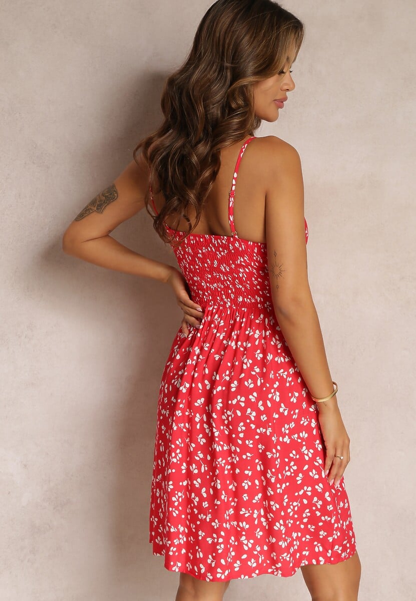 Czerwona Sukienka Mini z Bawełny Ściągana Troczkiem na Regulowanych Ramiączkach Taziana