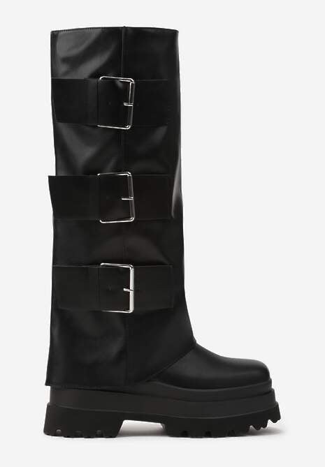 Czarne Kozaki Typu Biker na Platformie Ozdobione Klamrami i Wywiniętą Cholewką Ellisse