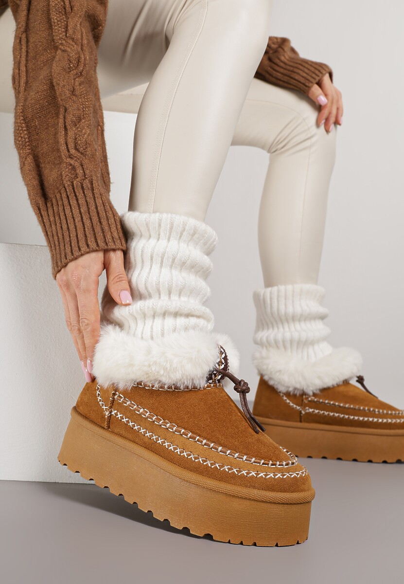 Brązowe Śniegowce na Platformie Ozdobione Futerkiem i Przeszyciami Linerva