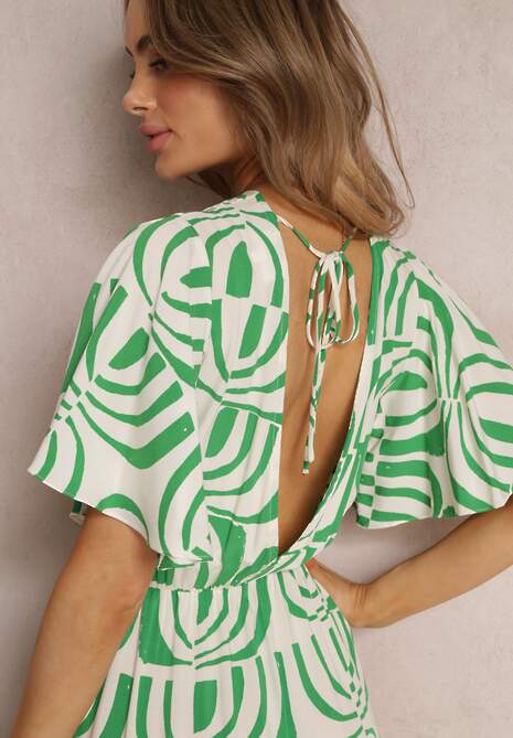 Zielono-Beżowa Sukienka Maxi z Wiskozy z Odkrytymi Plecami i Falbankami Jayliana