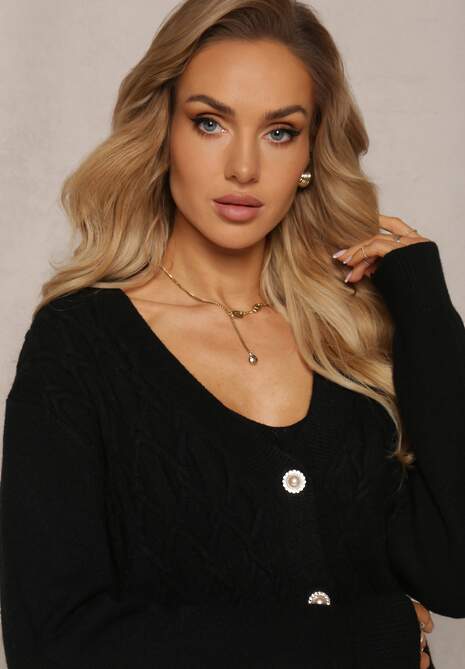 Czarny 2-częściowy Komplet Dzianinowy z Sukienką i Kardiganem Finariel