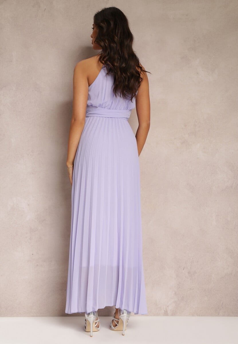 Fioletowa Sukienka Maxi bez Rękawów z Gumką w Talii z Plisowanej Tkaniny Pesstia