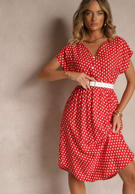 Czerwona Sukienka z Bawełny o Rozkloszowanym Kroju z Gumką w Talii Emilla