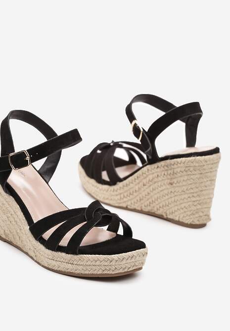 Czarne Casualowe Sandały na Koturnie w Stylu Boho z Plecionką Grendia