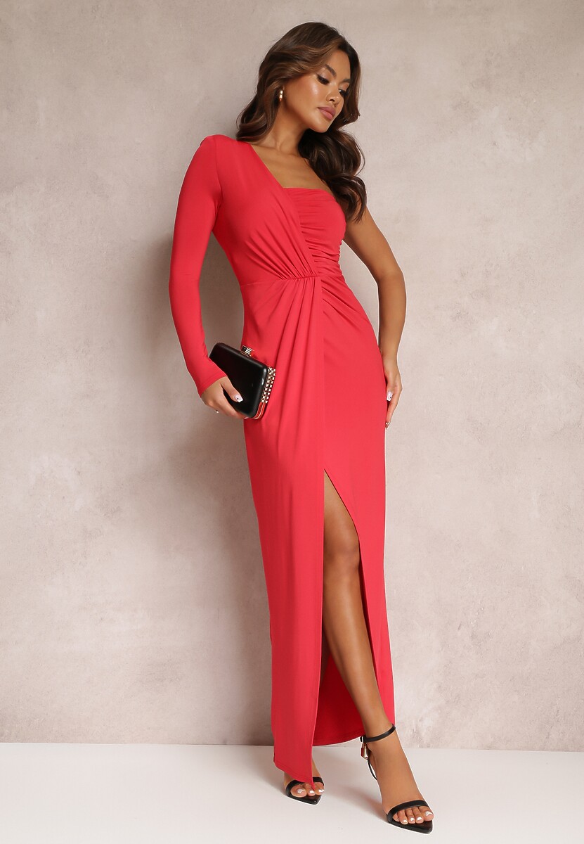 Czarna Asymetryczna Sukienka Maxi Zdobiona Drapowaniem Kiari