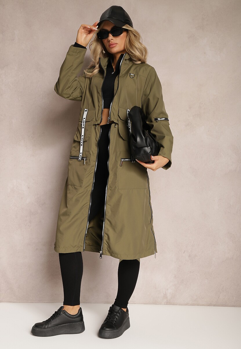 Czarny Płaszcz z Regulowaną Długością i Ozdobnymi Wstawkami Nainika