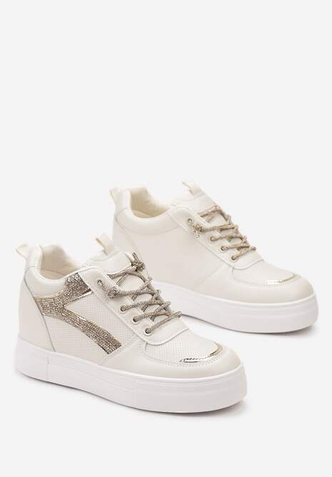 Beżowe Sneakersy z Perforacją i Cyrkoniami na Ukrytym Koturnie Sylhina